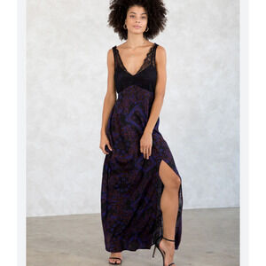 Lovestitch L Maxi Slip Dress Black Lace Paisley Black Empire Waist Grunge Boho
